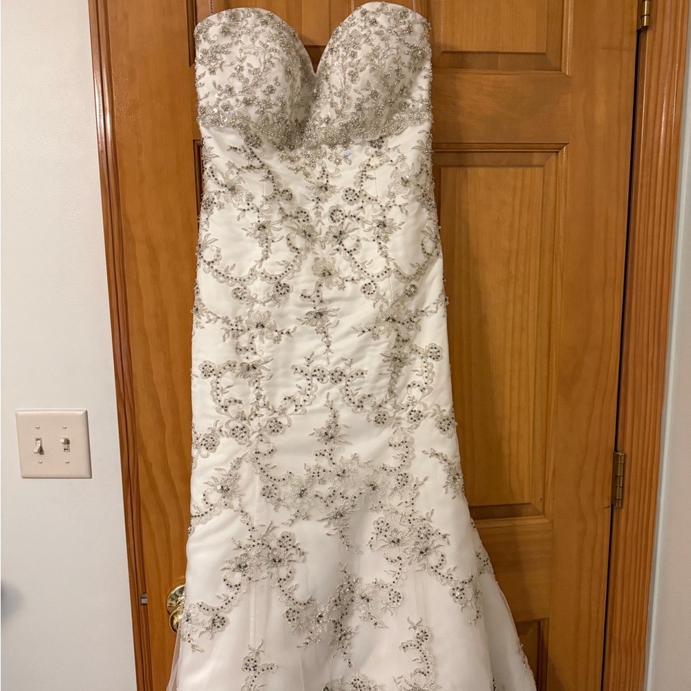 Elegant Strapless Gown with Silver Embroidery
